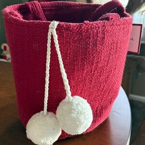 Red Knit Tote with Pom Poms and Handles NWT